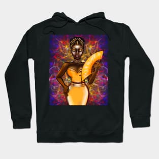 Queen Black is beautiful black girl with Gold earrings, necklace,  tiara, dress and fan with dark brown skin ! Hoodie